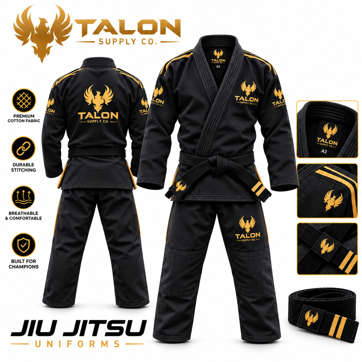 Talon Supply Co black Brazilian Jiu-Jitsu gi, front and back showcase