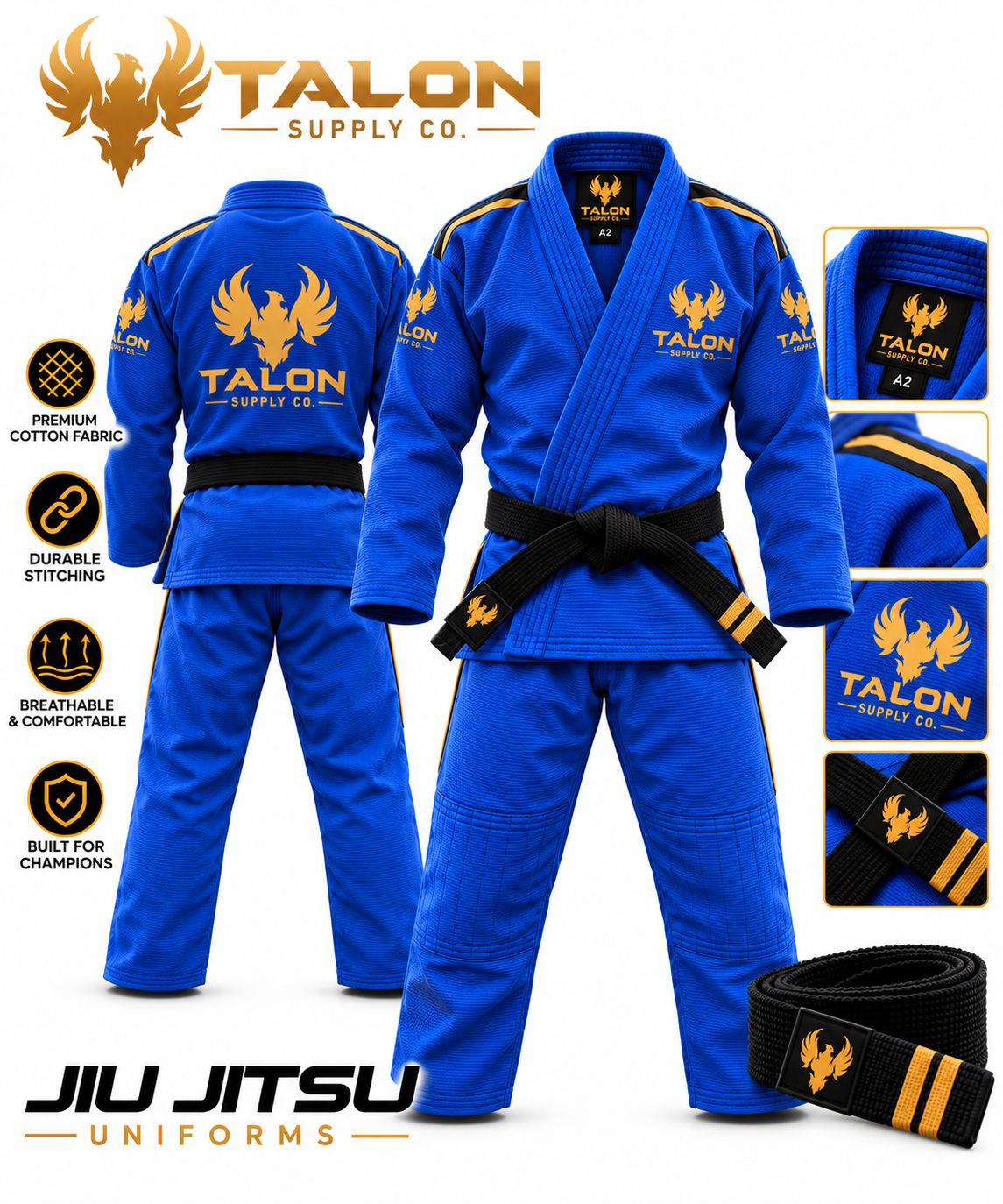 Blue Talon Jiu-Jitsu uniform with gold accents, front and back