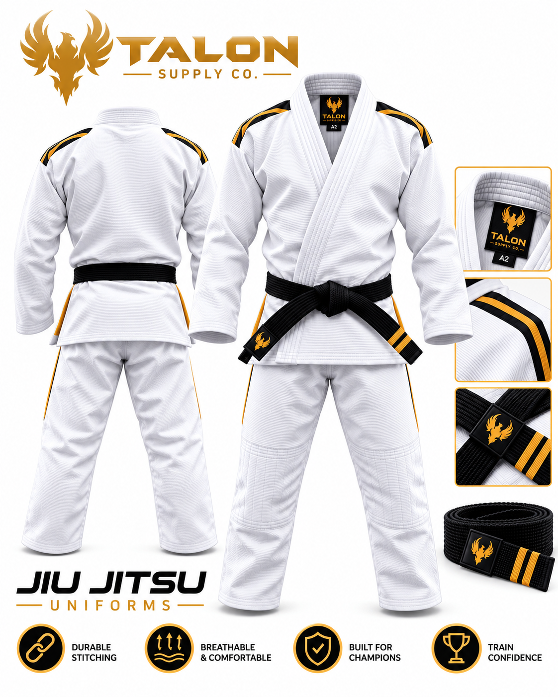 White Talon Jiu-Jitsu uniform with gold accents, front and back